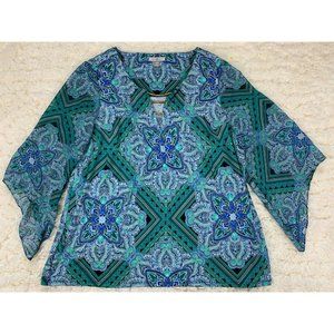 Roz&Ali 3x Top Blouse Blue Green Jacobean Celtic Flowy Sheer Boho Breathable 3XL